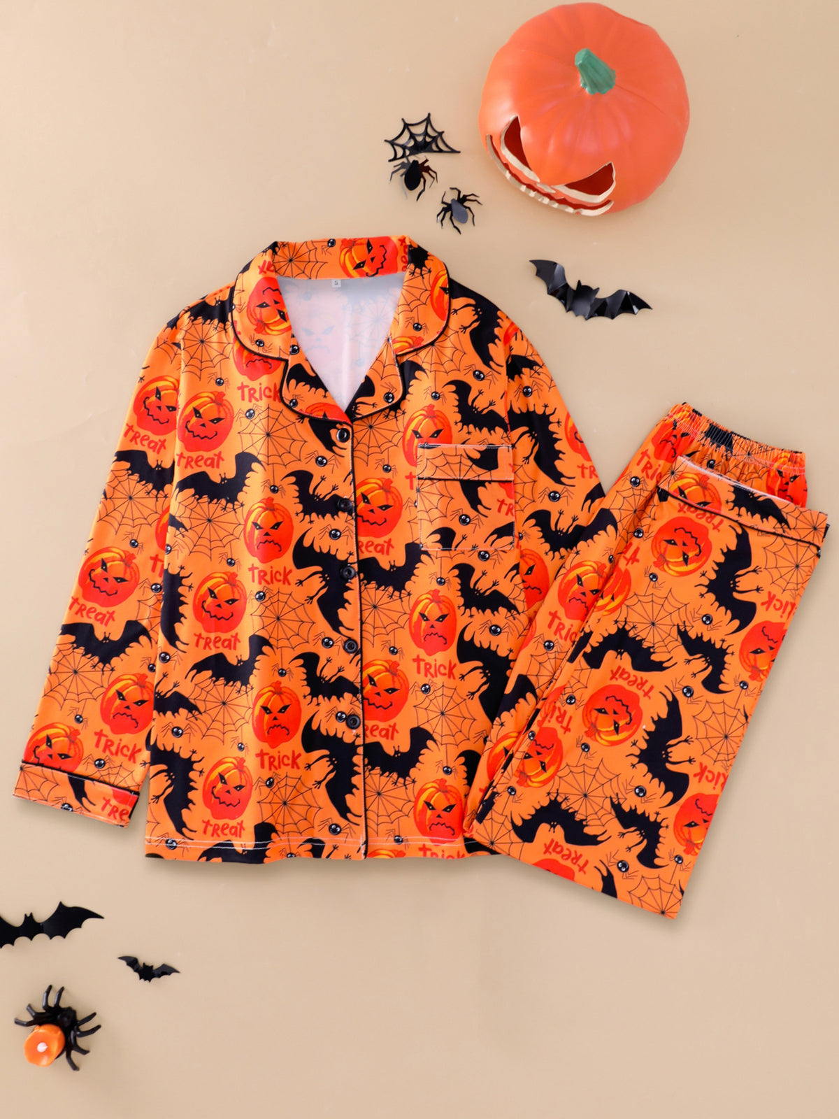 Orange Pumpkin Bat pajama set with black bats and pumpkin faces, size XL option photo