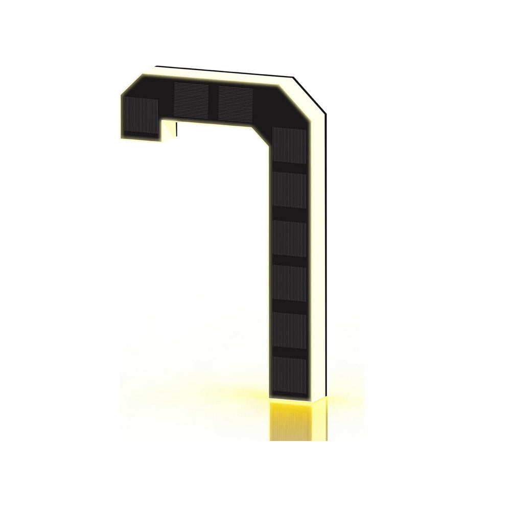 Black and gold solar LED house number sign, one character with a backlit warm outline, solar cells on the face