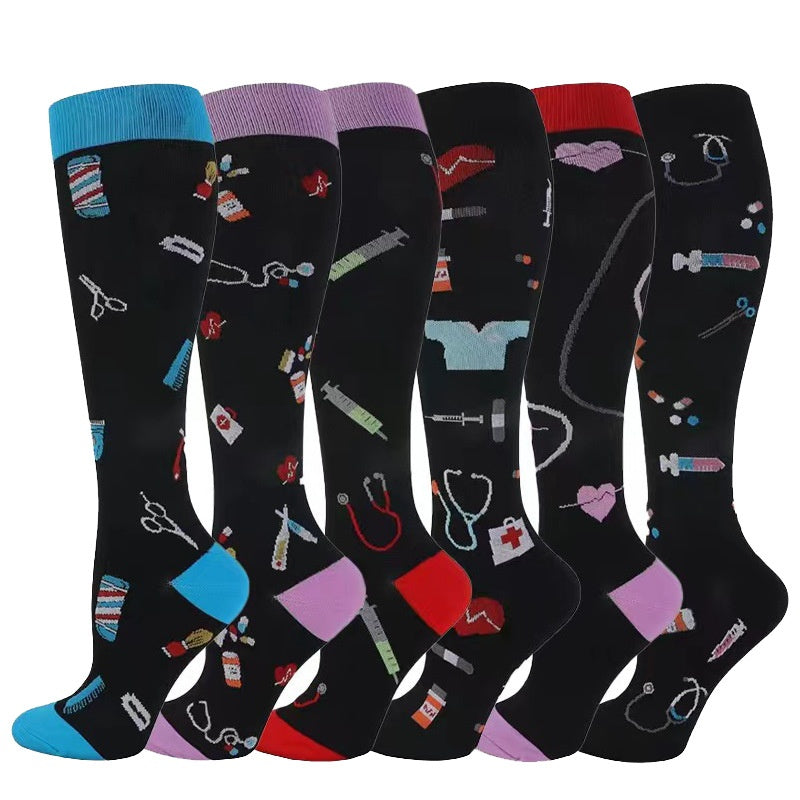 Knee high compression cycling socks with a ribbed cuff and textured sole