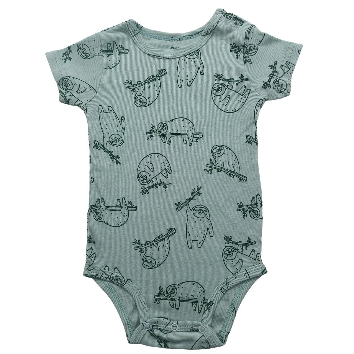 Baby short sleeve cotton bodysuit with a shoulder snap opening shown flat on a plain background
