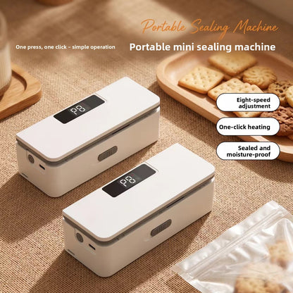 White portable mini sealing machine with a digital display next to crackers and a resealed snack bag, with feature labels