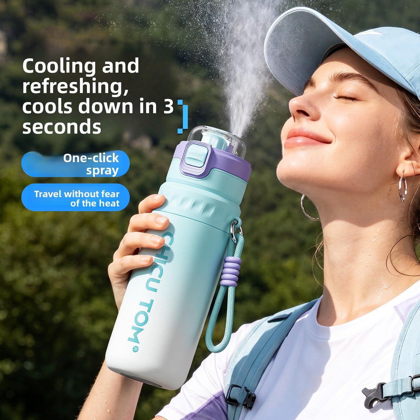 A woman sprays a cooling mist over her face from a mint green insulated 630ml straw water bottle