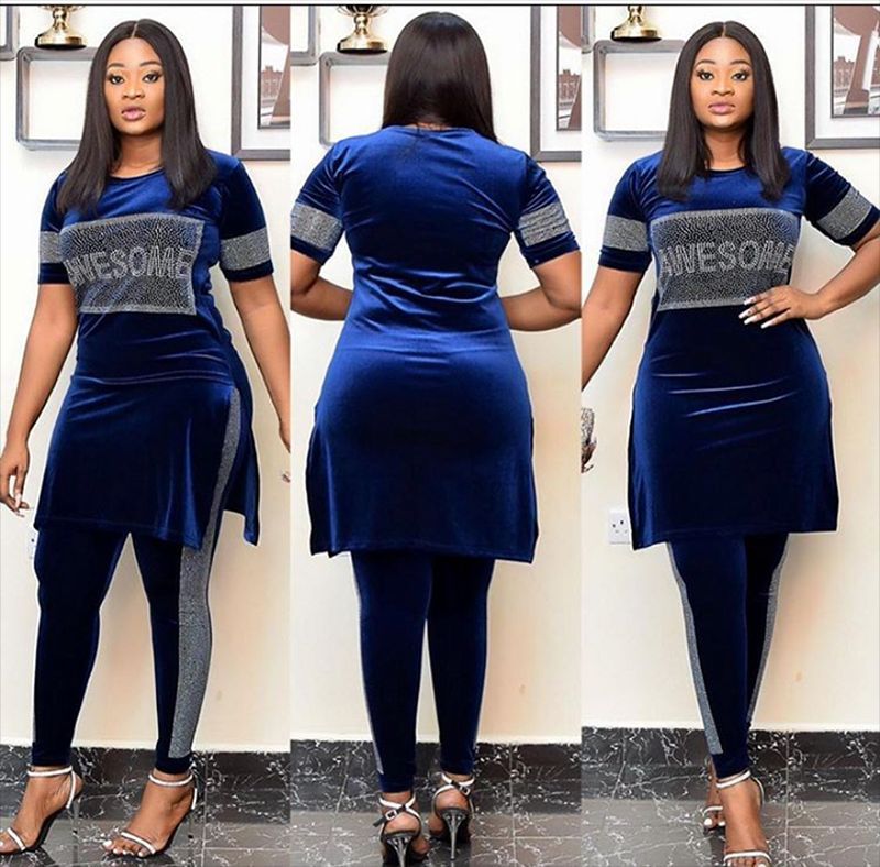 Navy blue velvet rhinestone two piece set, longline top and fitted leggings, size XXL