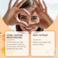 Model framing her eyes with both hands above two peach information panels from the honey eye serum maker