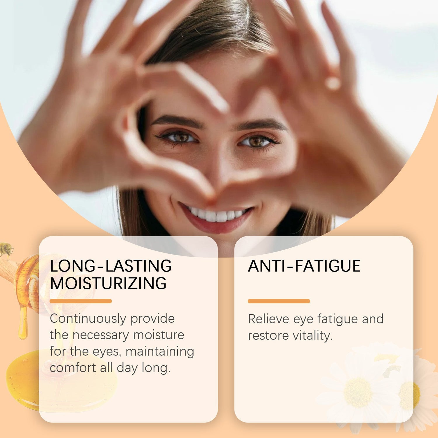 Model framing her eyes with both hands above two peach information panels from the honey eye serum maker
