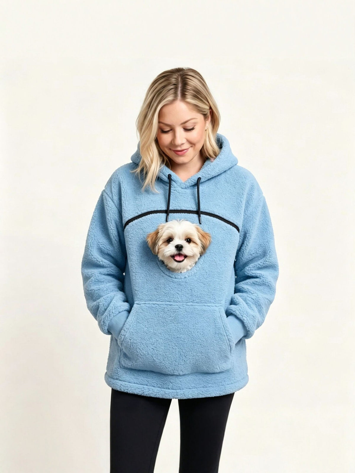 Sky blue teddy fleece hoodie with a chest opening and a small dog's head, hands in the front pocket