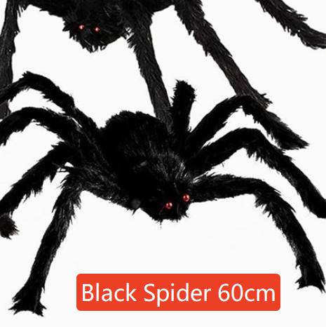 Hairy black Halloween spider prop with red eyes, flocked body and eight posable bendable legs