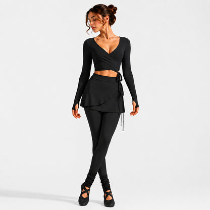 Ballet inspired yoga set with a long sleeve front tie wrap top and leggings