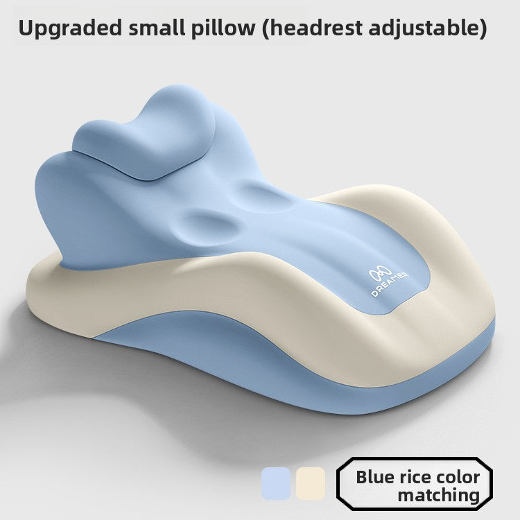 Beige and blue two tone foam lounge pillow with an adjustable headrest