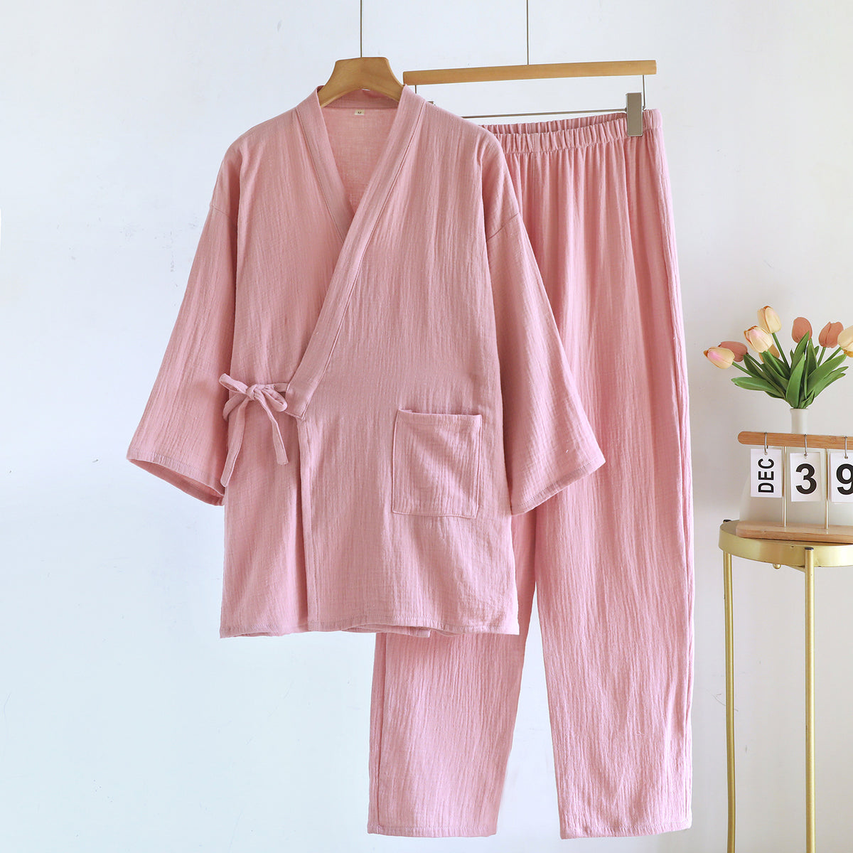 Pink women's style kimono style cotton gauze pajama set with side tie and patch pocket, size M variant image