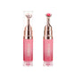 OLIBOLLA lip glaze tube with metal tip beside a glossy pink product swatch