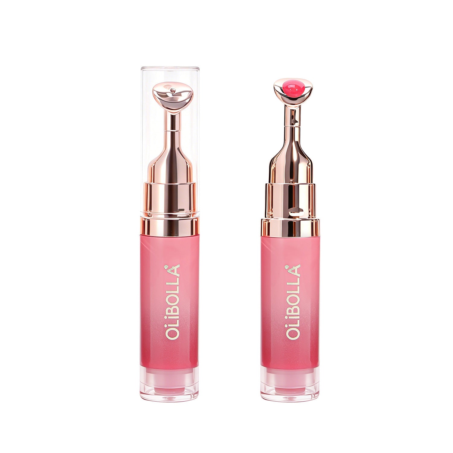 OLIBOLLA lip glaze tube with metal tip beside a glossy pink product swatch
