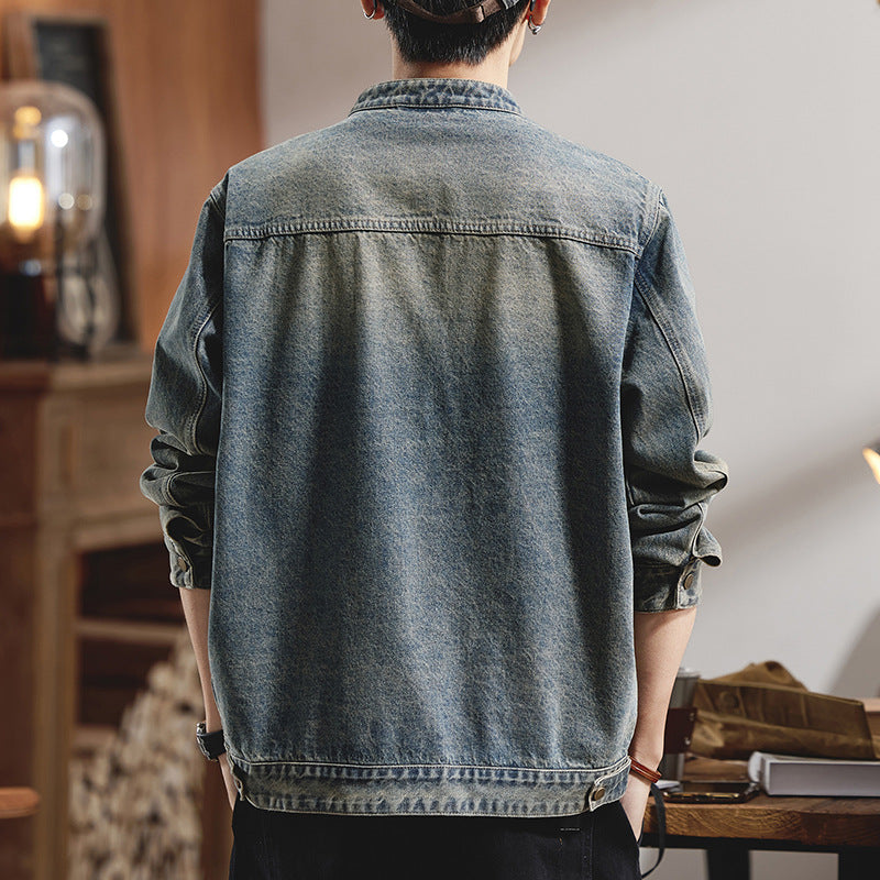 Material close-up of the heavy cotton denim and double topstitching detail