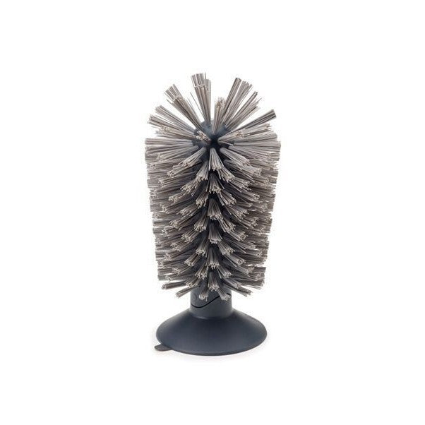 Gray suction base cup brush shown upright with dense fanned cleaning bristles