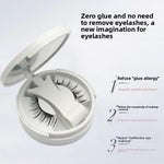 Magnetic false eyelashes in an open round white compact with a mirror lid