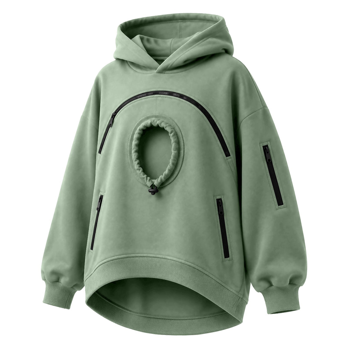 Light green oversized fleece hoodie with round cat pocket and arched zipper, third light green option photo