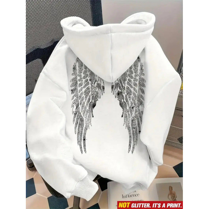 White pullover hoodie with rhinestone wings on the back and a stone close-up, option photo for White 2XL