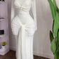 White long sleeve maxi dress with twisted bust and draped front tie, white color, size M option photo