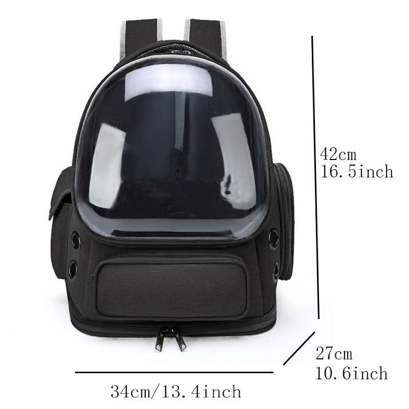 Clear bubble dome of the pet carrier that gives a cat or small dog a wide view out