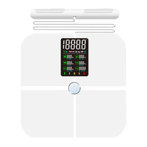 White body fat scale seen from above with color display and handheld bar on its retractable cable
