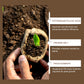 Gardener holding a seedling in a burlap pot over soil beside panels naming potassium fulvic acid and trace elements