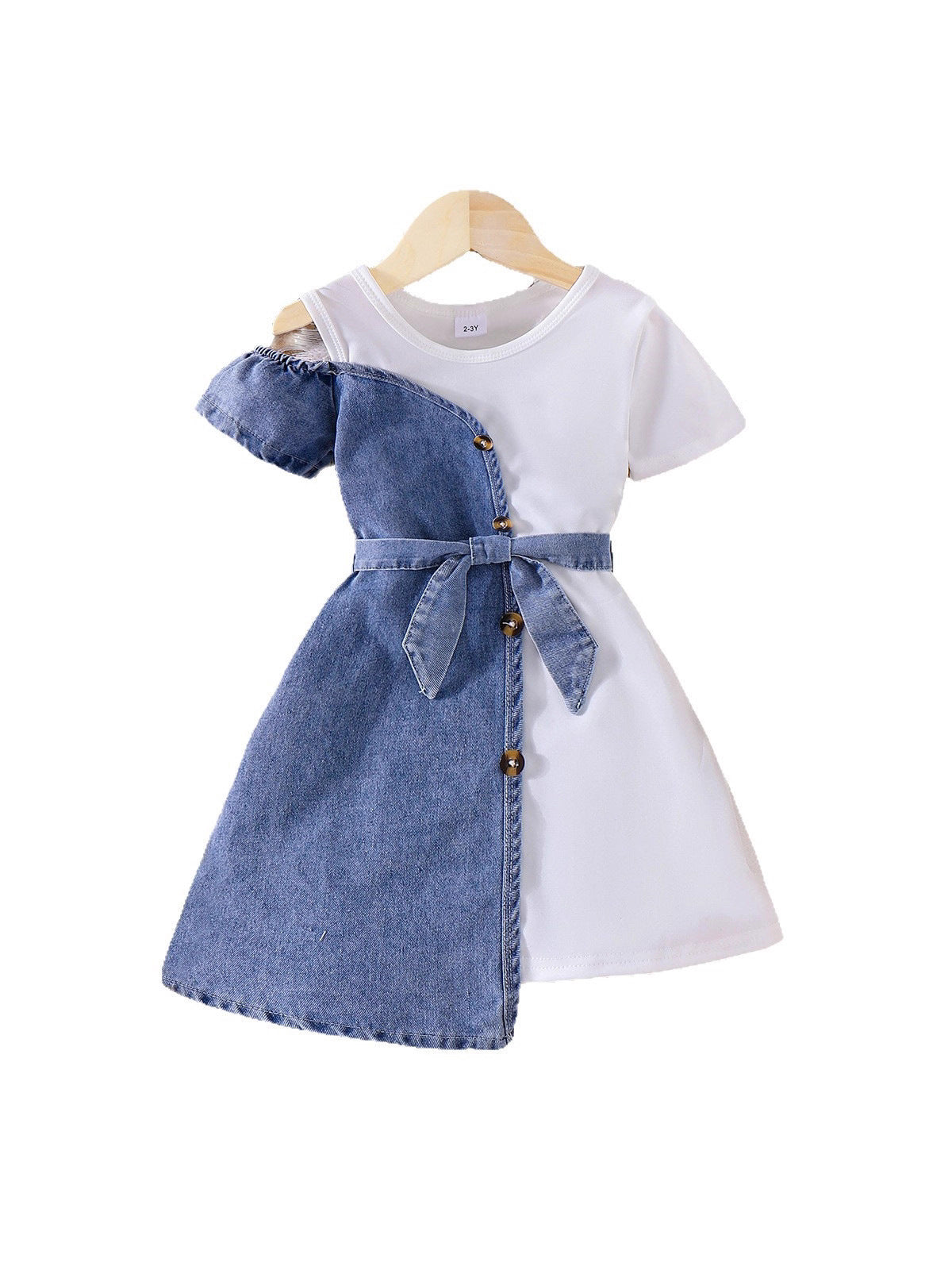 Girls' white patchwork denim dress with tie belt, full front view