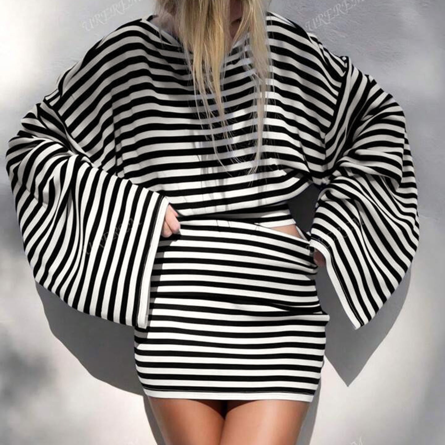 Striped Bat Sleeve Top and Skirt Set worn as a styled day to evening look