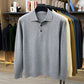 Light Gray long sleeve knit polo shirt with three button placket and ribbed hem, size XL