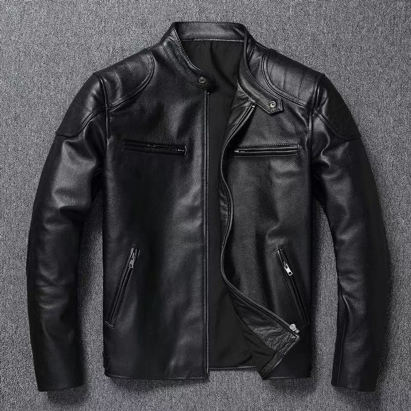 Black stand collar moto jacket with zip pockets, Black Stand Collar Quilted M option photo