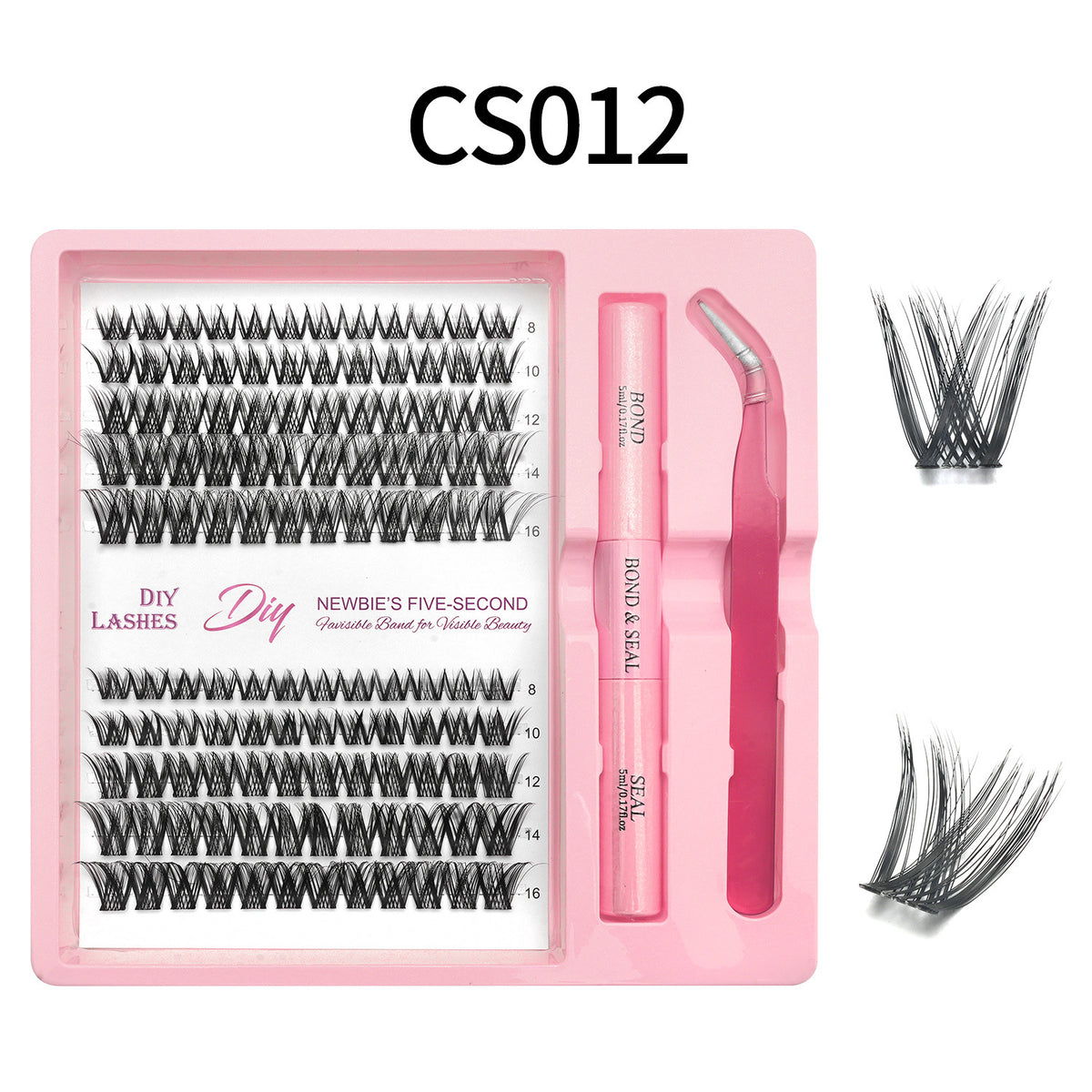Lash cluster style CS12 in a 10 row tray with dual-ended glue pen, tweezers and a close-up of the cluster shape