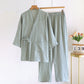 Green women's style kimono style cotton gauze pajama set with side tie and patch pocket, size M variant image