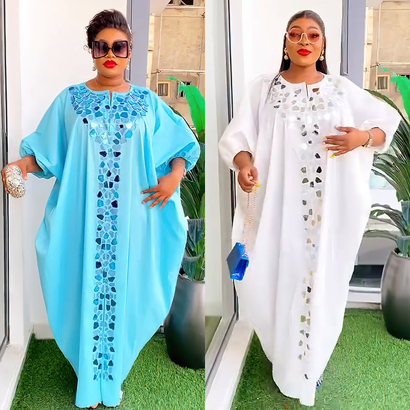 Loose kaftan maxi dress with mirrored applique down the centre front and lantern sleeves
