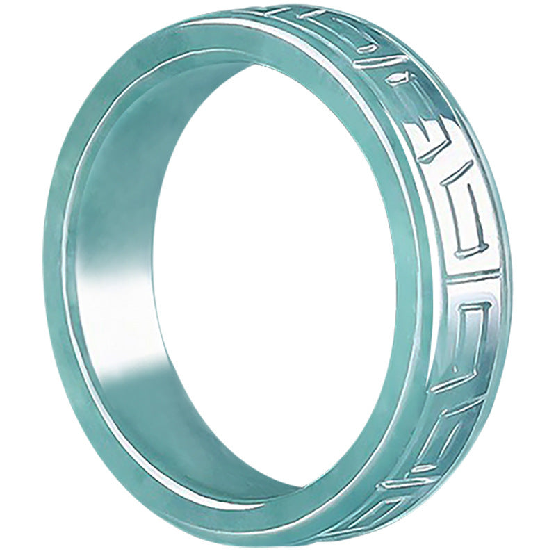 Blue water jadeite ring seen through the band showing the squared polished profile