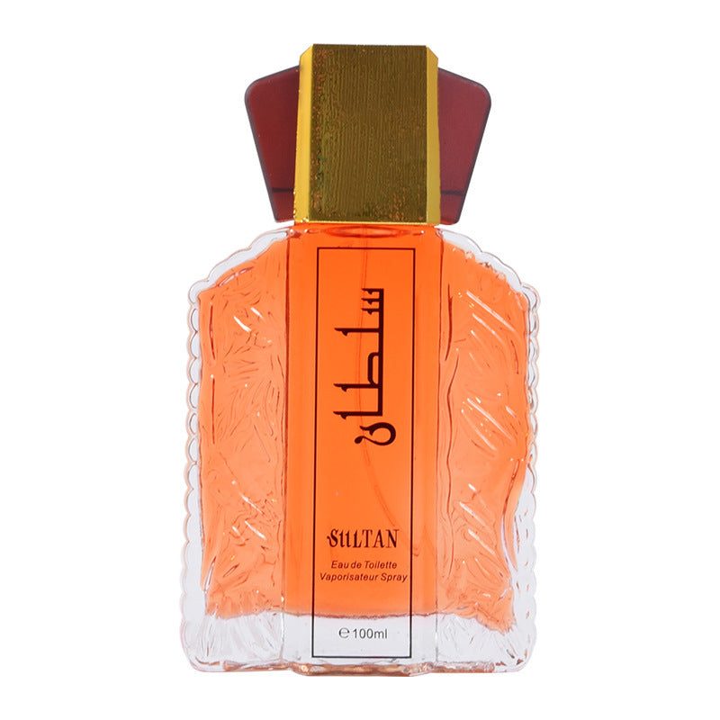Sultan eau de toilette 100 ml cut glass bottle with gold and burgundy cap on a plain white background