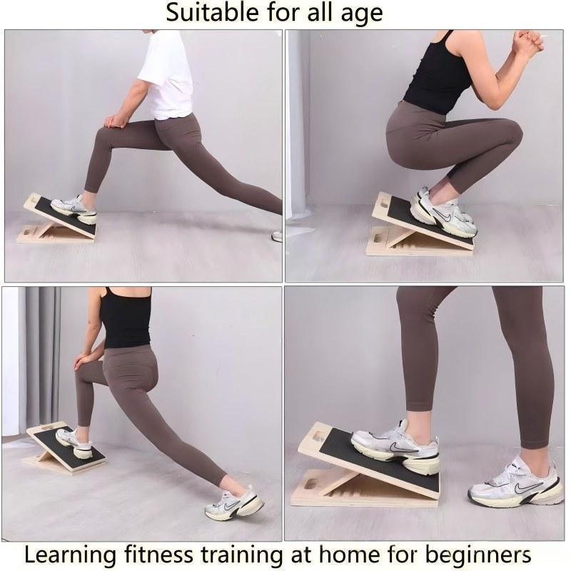 Four photos of people using the tilted wooden stretching board for lunge and squat stretches on a gray floor
