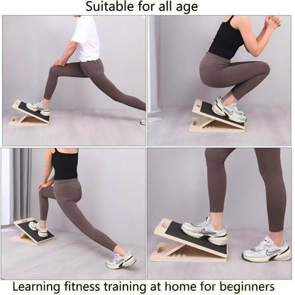 Four photos of people using the tilted wooden stretching board for lunge and squat stretches on a gray floor