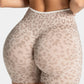 Beige seamless high waist yoga shorts with a 3D leopard print and ribbed waistband, size S variant image