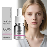 Volufiline oil ampoule bottle and grey box beside a woman with clear, calm skin