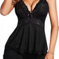 Side view of the lace camisole and shorts sleepwear set showing the soft flared hem