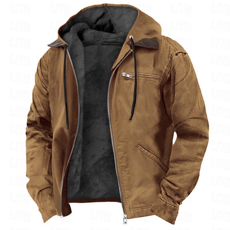 Camel option, size L: hooded zip jacket with black fleece lining and drawstring hood