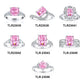 Design chart of seven sterling silver pink stone ring settings labelled with TLR reference codes on white