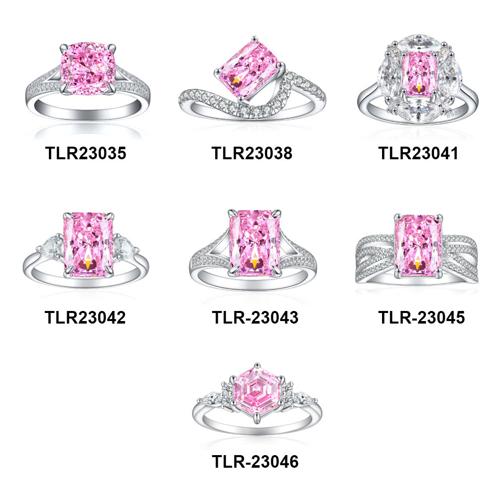 Design chart of seven sterling silver pink stone ring settings labelled with TLR reference codes on white
