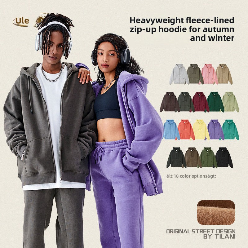 Heavyweight fleece-lined zip-up hoodie worn open over a tee in a relaxed setting