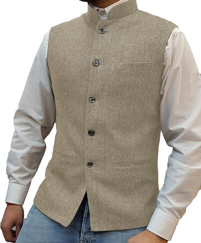 Champagne herringbone stand collar vest over a white shirt, size L