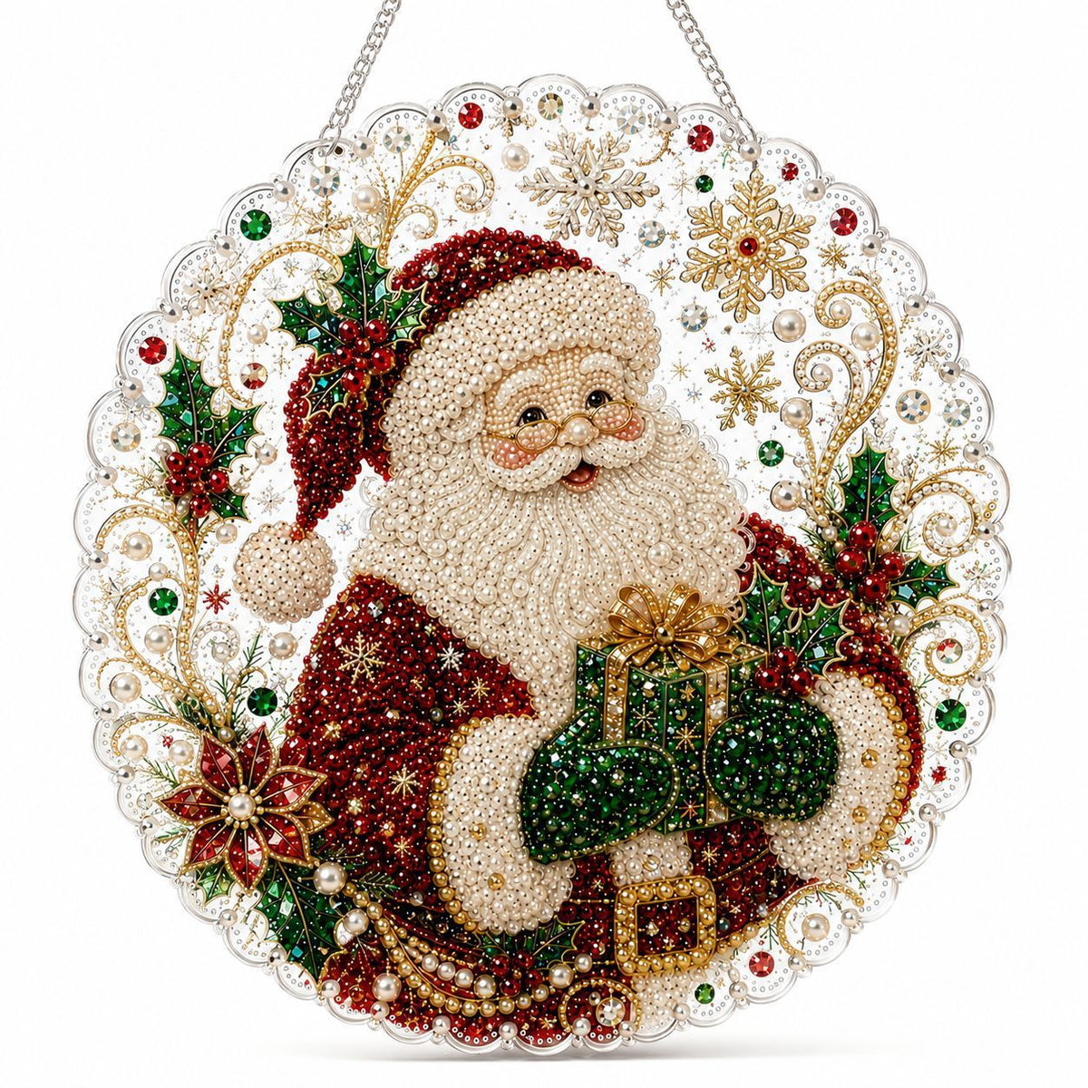 Close up of acrylic diamond beads set into a festive Christmas ornament