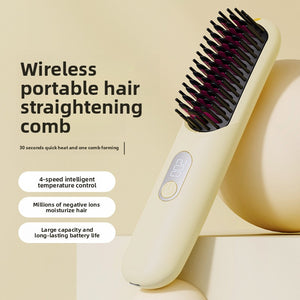 Cream cordless heated straightening comb with an LED screen standing upright on a beige studio backdrop