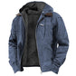 Slate blue hooded zip jacket open at the front showing thick black fleece lining and a drawstring hood