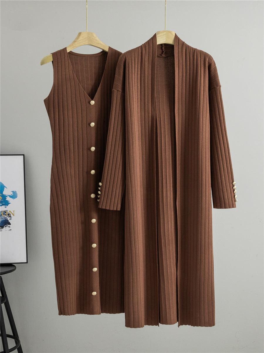 Brown ribbed knit dress and matching long cardigan displayed together on wooden hangers
