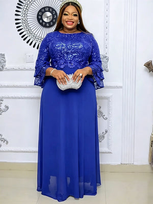 Sequined floral lace bodice on a long chiffon A line occasion dress