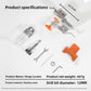 Hinge locator spec panel showing 7 by 12.5 cm, 447 g, stainless steel and the accessories laid out